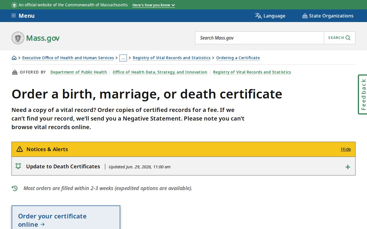 Dracut resident lookup vital record ordering through Massachusetts RVRS