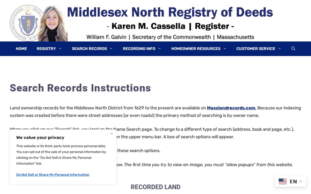 Dracut street directory Middlesex North deed search instructions